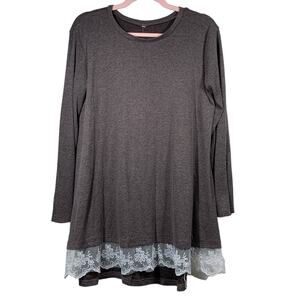 Brown White Lace Hem Long Sleeve Blouse Large